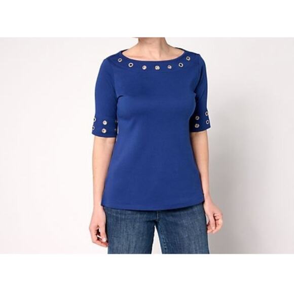 Quacker Factory Large Light Navy Gromet Detail Elbow Sleeve Top A684991 NWOT - Picture 1 of 11